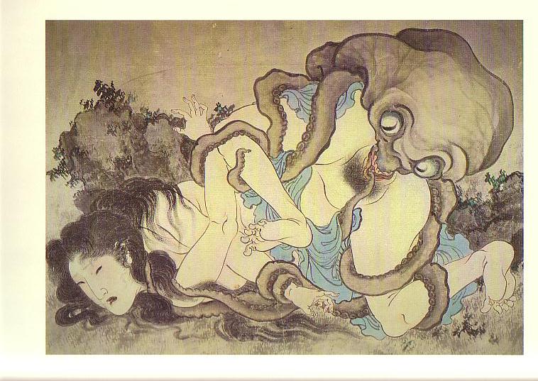 1girl bestiality black_hair border cunnilingus doggystyle closed_eyes fine_art fine_art_parody interspecies japan long_hair monster nihonga object_insertion octopus octopus_and_female_diver oral outdoors parody pubic_hair rape restrained sex_from_behind shunga tentacle_sex tentacles top-down_bottom-up ukiyo-e uncensored vaginal vaginal_object_insertion watanabe_kazan