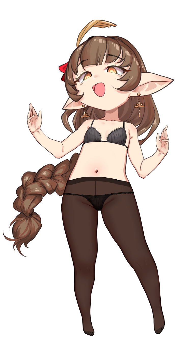 1girl black_bra black_panties black_pantyhose bra braid brown_hair flat_chest full_body granblue_fantasy haaselia harvin highres long_hair looking_at_viewer open_mouth orange_eyes panties panties_under_pantyhose pantyhose pointy_ears solo underwear variant_set very_long_hair yggsil