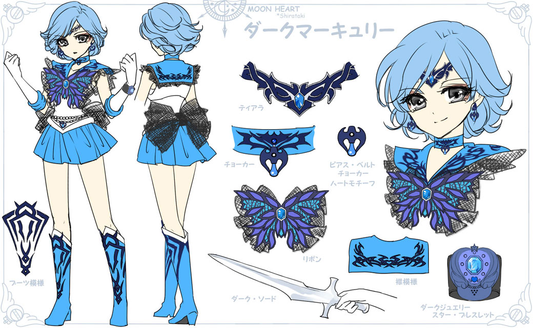 1girl alternate_eye_color artist_name bishoujo_senshi_sailor_moon black_bow blue_footwear blue_hair blue_neckwear blue_sailor_collar blue_skirt boots bow brooch character_name reference_sheet circlet dark_mercury earrings elbow_gloves gloves grey_eyes jewelry knee_boots looking_at_viewer magical_girl mizuno_ami multiple_persona multiple_views pretty_guardian_sailor_moon sailor_collar sailor_mercury shirataki_kaiseki short_hair skirt smile standing tiara white_background white_gloves