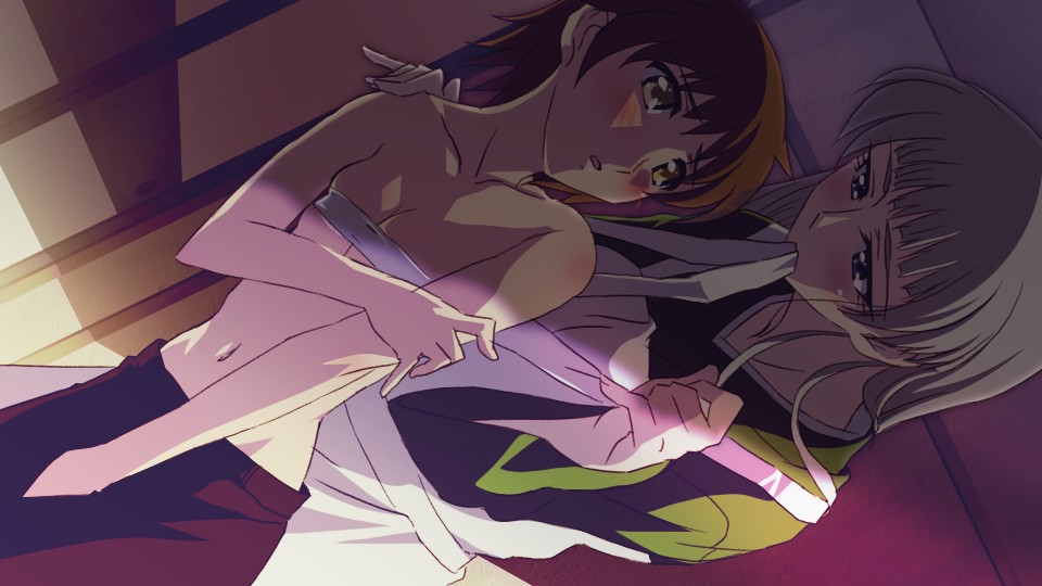 00s 2girls blush breasts brown_hair dark dutch_angle hand_on_another&#039;s_shoulder indoors kaja_bergmann kamigamo_jun mouth_hold multiple_girls natsu_no_arashi! platinum_blonde_hair sanshita sarashi small_breasts topless_female yuri