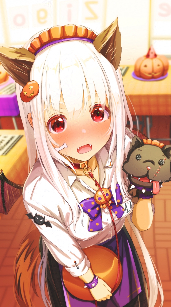 1girl aiuabo animal_collar animal_ears apron bat_wings black_skirt black_wings blurry blurry_background blush bow bowtie bracelet breasts collar collarbone collared_shirt colored_eyelashes commentary_request dress_shirt fake_animal_ears fake_tail fake_wings fangs food-themed_hair_ornament hair_ornament hairband halloween hand_puppet hand_up high-waist_skirt highres holding holding_own_leash holding_tray jewelry leaning_forward leash long_hair long_sleeves looking_at_viewer maid_headdress open_mouth original pencil_skirt polka_dot_bowtie print_bow print_bowtie pumpkin_hair_ornament puppet purple_apron purple_bow purple_bowtie purple_hairband red_collar red_eyes shirt shirt_tucked_in sidelocks skirt solo spiked_bracelet spikes sticker_on_face sweat tail tray very_long_hair white_hair white_shirt wings