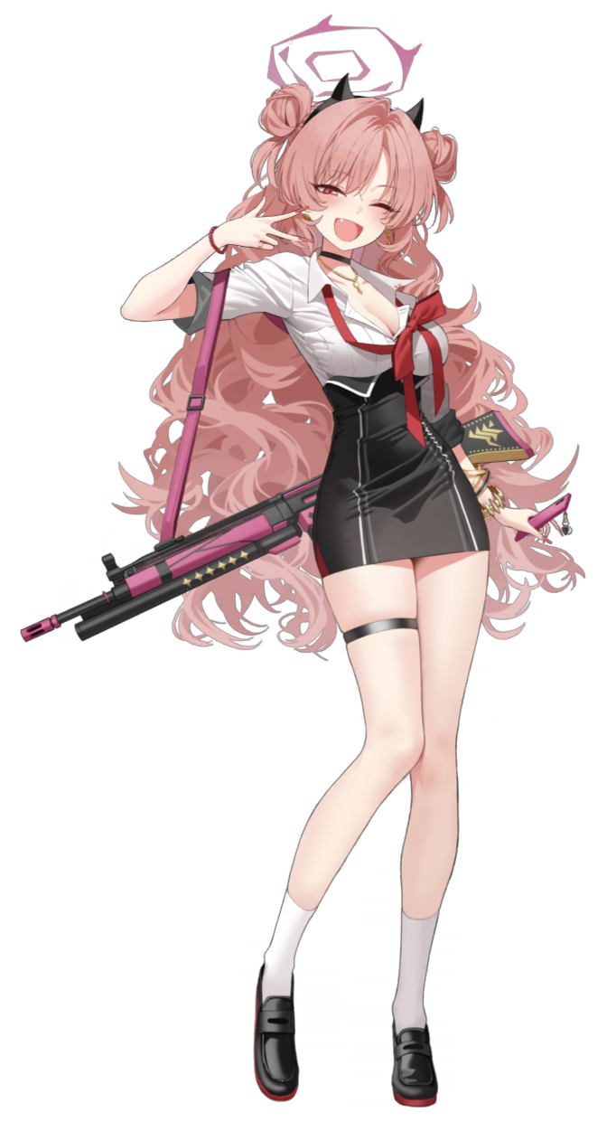 1girl assault_rifle blue_archive bracelet breasts carbine cellphone cleavage curly_hair cute_weapon fake_horns full_body game_cg grenade_launcher gun gun_on_back h&amp;k_hk33 hairband halo highres horns jewelry kirara_(blue_archive) large_breasts long_hair medium_breasts miniskirt multiple_bracelets mx2j necklace official_art one_eye_closed pencil_skirt phone pink_hair red_eyes rifle school_uniform short-barreled_rifle skirt smartphone thigh_strap third-party_source weapon weapon_on_back