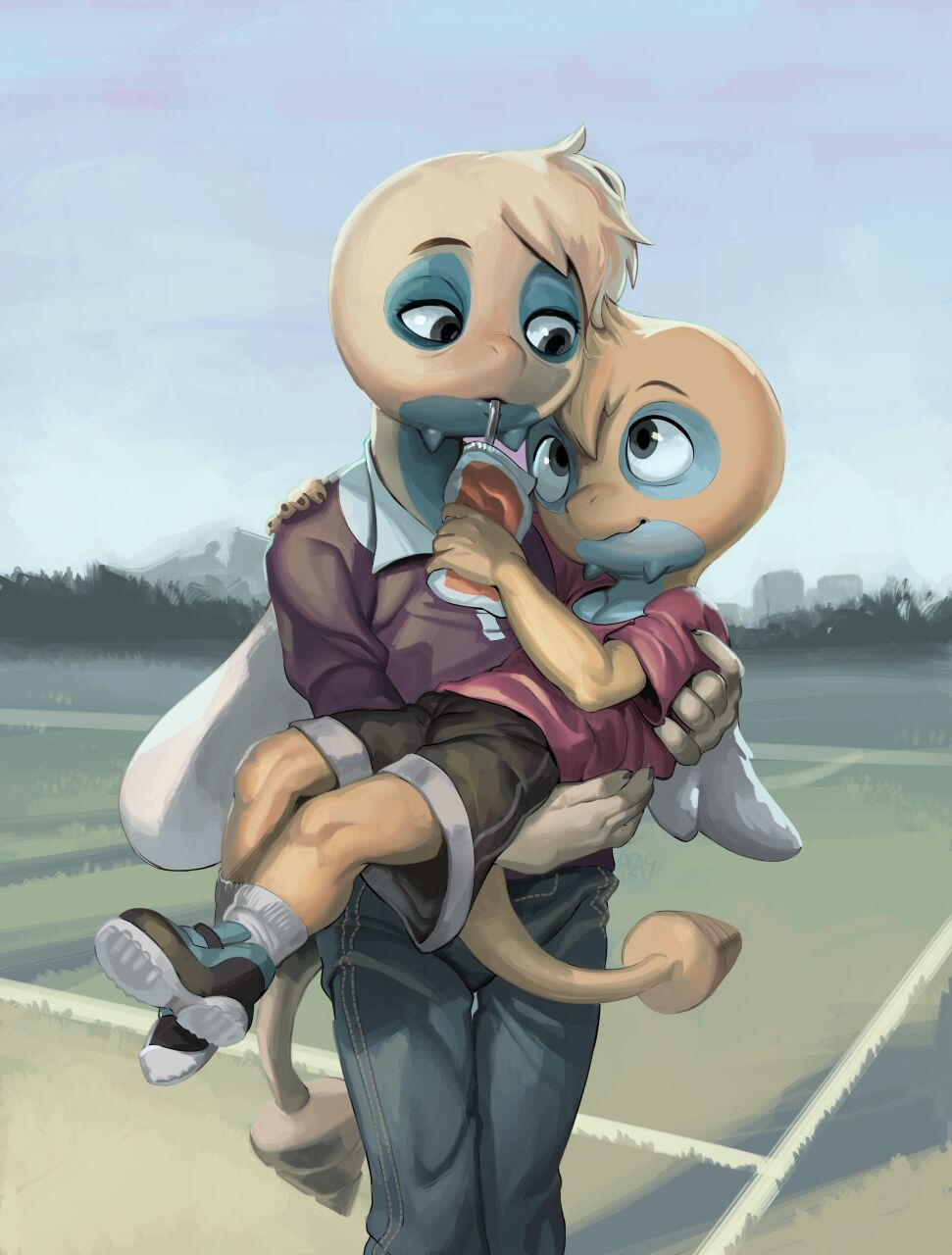1boy 1girl apis blonde_hair child dunsparce furry gen_2_pokemon highres monster_boy monster_girl mother_and_son nintendo pants pectoral_cleavage pectorals pokemon pokemon_(creature) shirt shorts tail wings