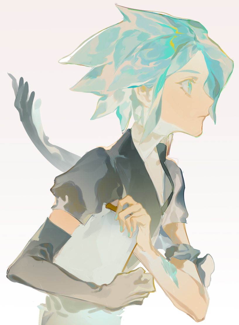 1other androgynous aqua_eyes aqua_hair aqua_nails black_gloves clipboard collared_shirt cracked_skin crystal_hair elbow_gloves expressionless floating_hair from_side gem_uniform_(houseki_no_kuni) gloves holding holding_clipboard houseki_no_kuni huj injury looking_afar nail_polish necktie other_focus parted_bangs phosphophyllite phosphophyllite_(gemstone) phosphophyllite_(ll) profile puffy_short_sleeves puffy_sleeves shirt short_hair short_sleeves sidelocks simple_background single_glove solo upper_body white_background white_shirt
