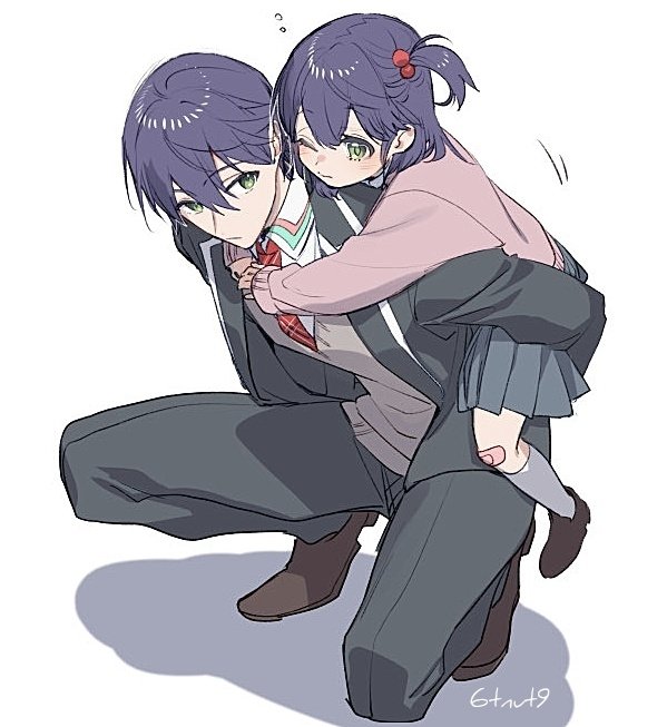 1boy 1girl 6tnut9 aged_down arms_around_neck artist_name bandaid bandaid_on_knee bandaid_on_leg black_jacket black_pants black_skirt blazer cardigan carrying carrying_person closed_mouth collared_shirt commentary dual_persona full_body genderswap genderswap_(mtf) green_eyes hair_bobbles hair_ornament jacket kenmochi_touya kenmochi_touya_(1st_costume) kneehighs light_blush loafers long_sleeves looking_at_another necktie nijisanji one_eye_closed one_side_up open_clothes open_jacket pants piggyback pink_cardigan plaid_clothes plaid_necktie pleated_skirt purple_hair red_necktie school_uniform shirt shoes short_hair simple_background skirt socks squatting virtual_youtuber white_background white_shirt white_socks yellow_cardigan
