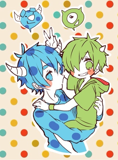 2boys animification blue_eyes blue_hair cyclops green_eyes green_hair hair_over_one_eye horns humanization james_p._sullivan male_focus mike_wazowski monster_boy monsters_inc. multiple_boys one-eyed open_mouth personification repikinoko sharp_teeth shirt short_hair smile teeth