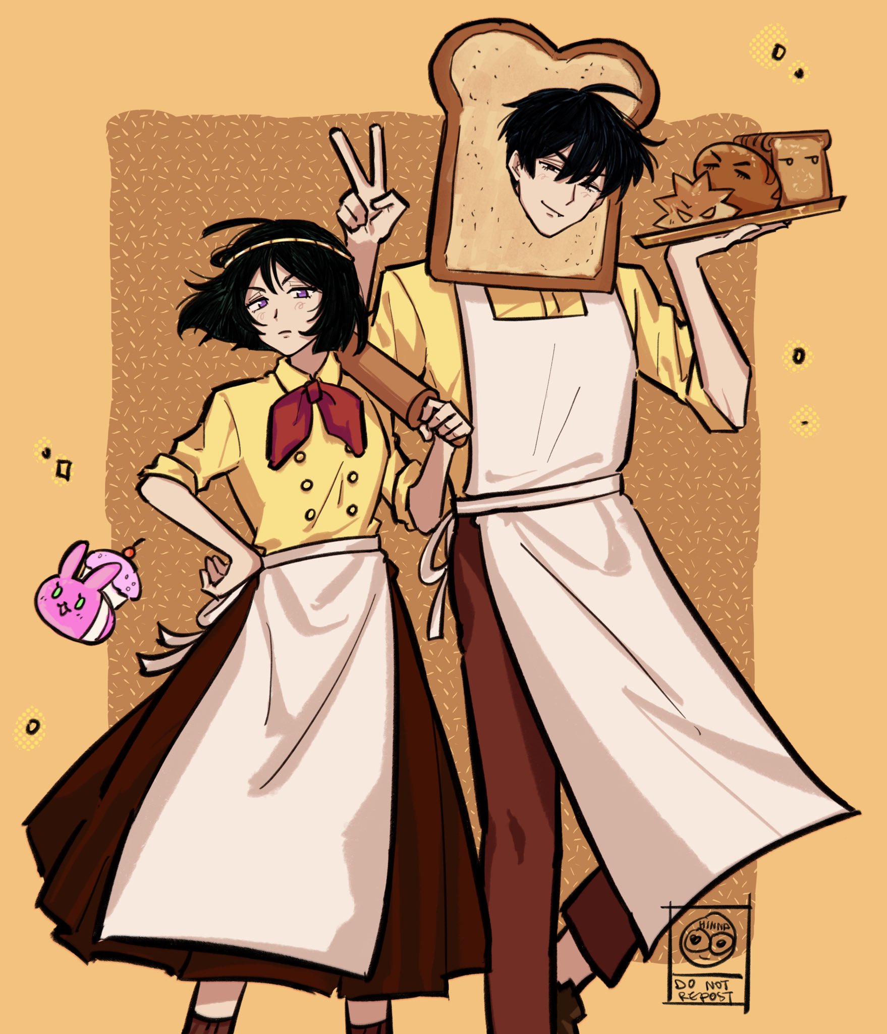 1boy 1girl ahoge alien_stage ankle_socks apron back_ribbon biscuit_(omori) biscuit_(omori)_(cosplay) black_eyes black_hair border bread breasts brown_background brown_pants brown_shoes brown_skirt brown_socks buttons closed_mouth collared_shirt commentary cosplay cupcake_bunny_(omori) double-breasted double-parted_bangs doughie_(omori) doughie_(omori)_(cosplay) english_commentary feet_out_of_frame food frown hair_between_eyes half-closed_eyes hand_on_own_hip height_difference highres hinnaxhinna holding holding_rolling_pin holding_tray ivan_(alien_stage) loaf_of_bread long_skirt looking_at_viewer neckerchief omori orange_border outside_border pants pleated_skirt purple_eyes red_neckerchief rolling_pin shirt shoes short_hair short_sleeves simple_background skirt small_breasts smile socks standing sua_(alien_stage) tray v v-shaped_eyebrows very_short_hair waist_apron watermark white_apron yellow_shirt