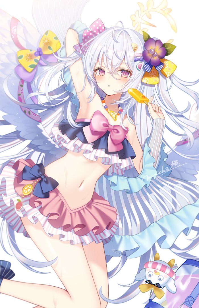 1girl angel_wings azusa_(blue_archive) azusa_(swimsuit)_(blue_archive) bare_shoulders bead_necklace beads bikini bikini_skirt blue_archive blush bow bow_on_wing breasts crescent_halo feathered_wings flower food frilled_bikini frills hair_between_eyes hair_flower hair_ornament halo holding holding_food holding_popsicle jewelry long_hair looking_at_viewer myusha navel necklace official_alternate_costume popsicle purple_eyes ribbon-trimmed_bikini ribbon-trimmed_swimsuit ribbon_trim stomach strapless strapless_bikini swimsuit white_hair white_wings winged_halo wings yellow_halo