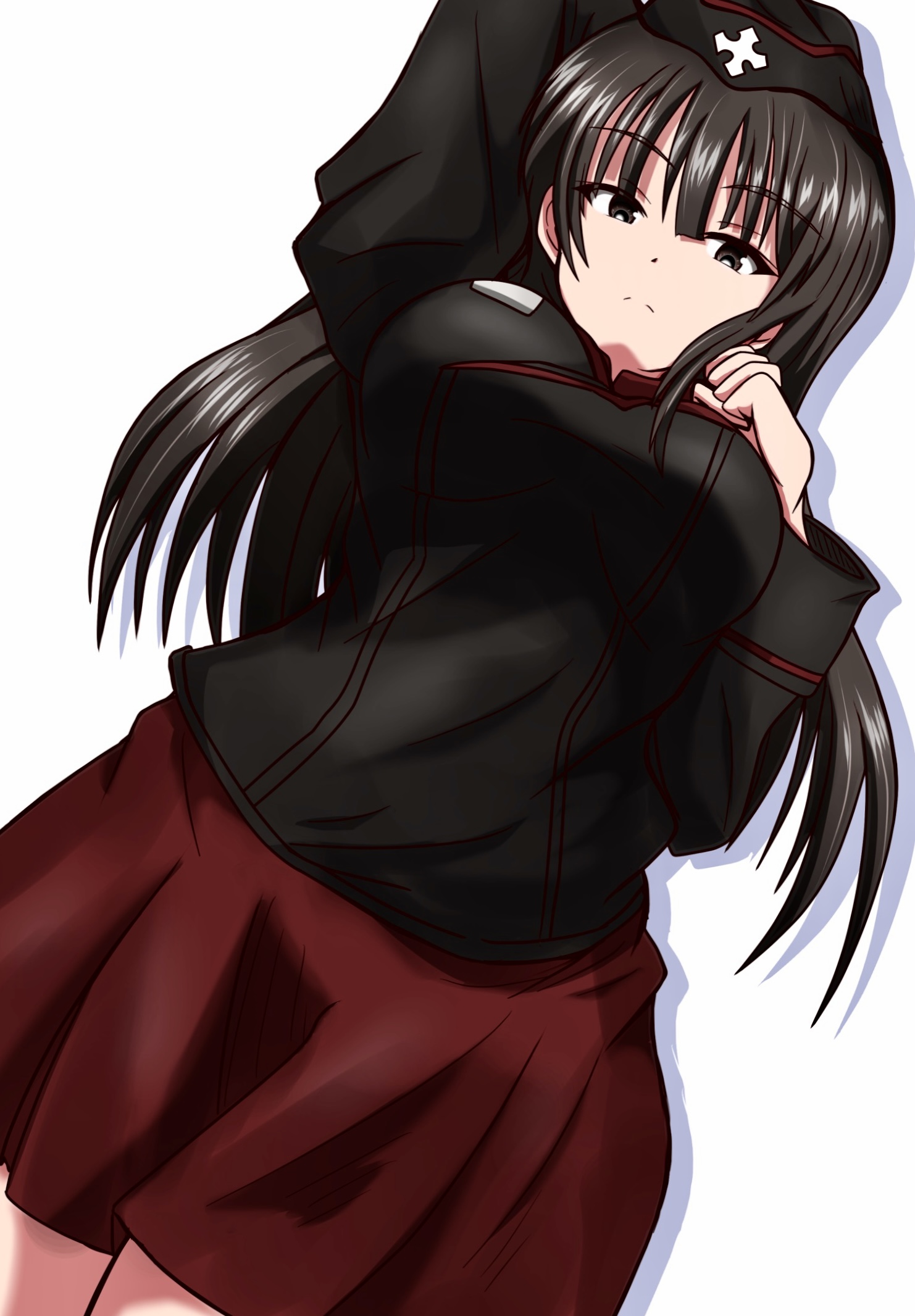 1girl alternate_costume arm_behind_head arm_up black_eyes black_hair black_headwear black_jacket closed_mouth commentary cowboy_shot dress_shirt dutch_angle frown garrison_cap girls_und_panzer half-closed_eyes hand_on_own_chest hat highres insignia jacket kuromorimine_military_uniform long_hair long_sleeves looking_at_viewer mature_female meiya military military_hat military_uniform mother's_day nishizumi_shiho pleated_skirt red_shirt shirt simple_background skirt standing straight_hair white_background wing_collar