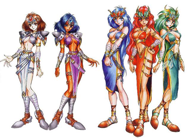 5girls artist_request blue_eyes blue_hair breasts breath_of_fire breath_of_fire_ii brown_eyes brown_hair cleavage crown dark_skin dark-skinned_female covered_erect_nipples green_eyes green_hair hat long_hair multiple_girls purple_eyes red_eyes red_hair sana seny seso shaman shin_(breath_of_fire) short_hair spoo_(breath_of_fire)