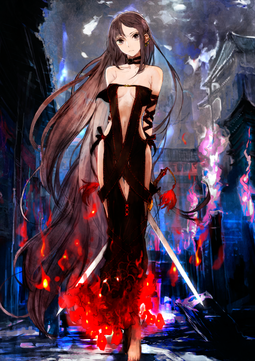 arms_behind_back bare_shoulders barefoot black_choker black_dress breasts breasts_apart brown_eyes brown_hair choker clothing_cutout collarbone dress ear_piercing embers fate/grand_order fate_(series) floating_hair full_body game_cg head_tilt legs_together long_dress long_hair long_sidelocks looking_at_viewer medium_breasts multiple_piercings narrow_waist navel navel_cutout official_art parted_bangs piercing revealing_clothes sideless_dress sidelocks stomach_cutout strapless strapless_dress sword third-party_source toi8 underboob variant_set very_long_hair weapon yu_mei-ren_(fate) yu_mei-ren_(second_ascension)_(fate)