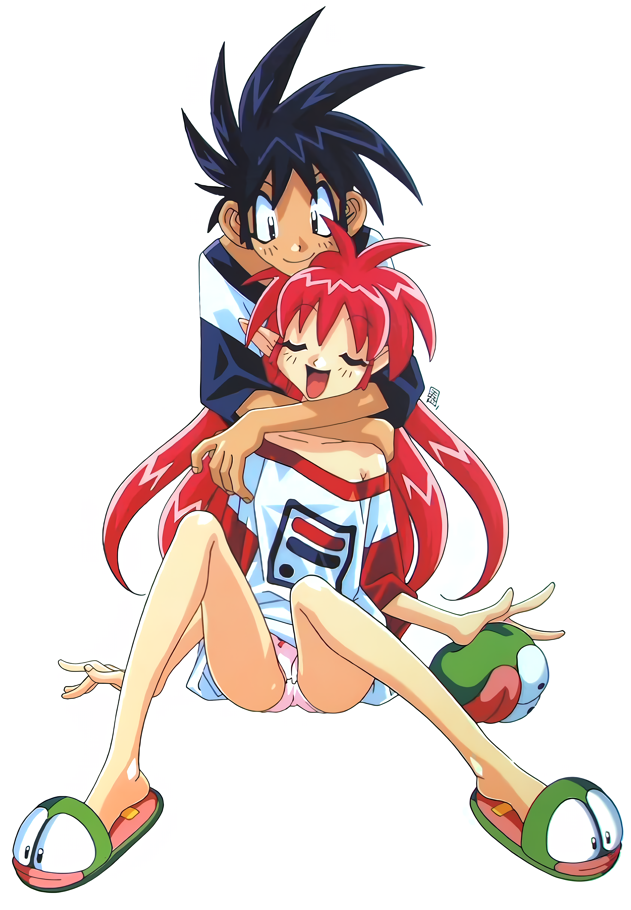 1990s_(style) 1boy 1girl arara_milk baba_lamune black_eyes black_hair closed_eyes hug hug_from_behind kotobuki_tsukasa looking_at_viewer non-web_source off_shoulder official_art open_mouth panties pink_panties red_hair retro_artstyle simple_background sitting slippers smile spiked_hair tama-q underwear vs_knight_lamune_&amp;_40_fire white_background