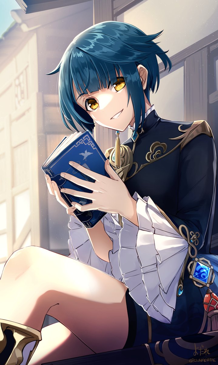1boy artist_name asymmetrical_bangs black_shorts blue_coat blue_gemstone blue_hair blurry blurry_background book building coat commentary_request day diagonal_bangs earrings frilled_shirt_collar frilled_sleeves frills gem genshin_impact grin hair_between_eyes hands_up highres holding holding_book itsumono_katze jewelry light_particles long_sleeves looking_at_viewer male_focus outdoors short_hair short_shorts shorts signature single_earring sitting smile solo tassel tassel_earrings vision_(genshin_impact) wide_sleeves xingqiu_(genshin_impact) yellow_eyes