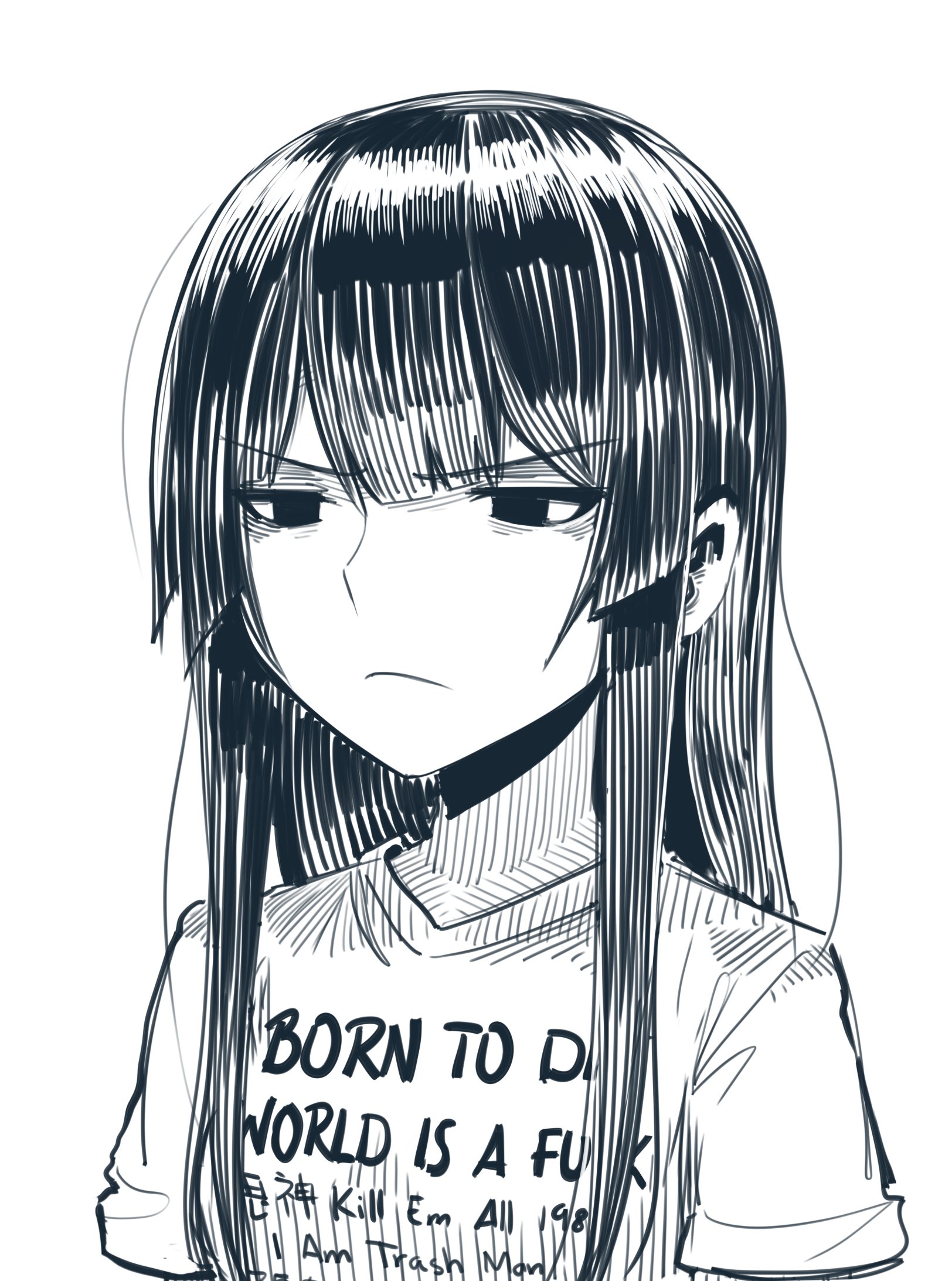 1girl blunt_bangs boa_(brianoa) born_to_die_world_is_a_fuck_(meme) closed_mouth clothes_writing english_text engrish_text female_focus furrowed_brow greyscale highres long_hair meme monochrome original ranguage shirt short_sleeves simple_background solo white_background
