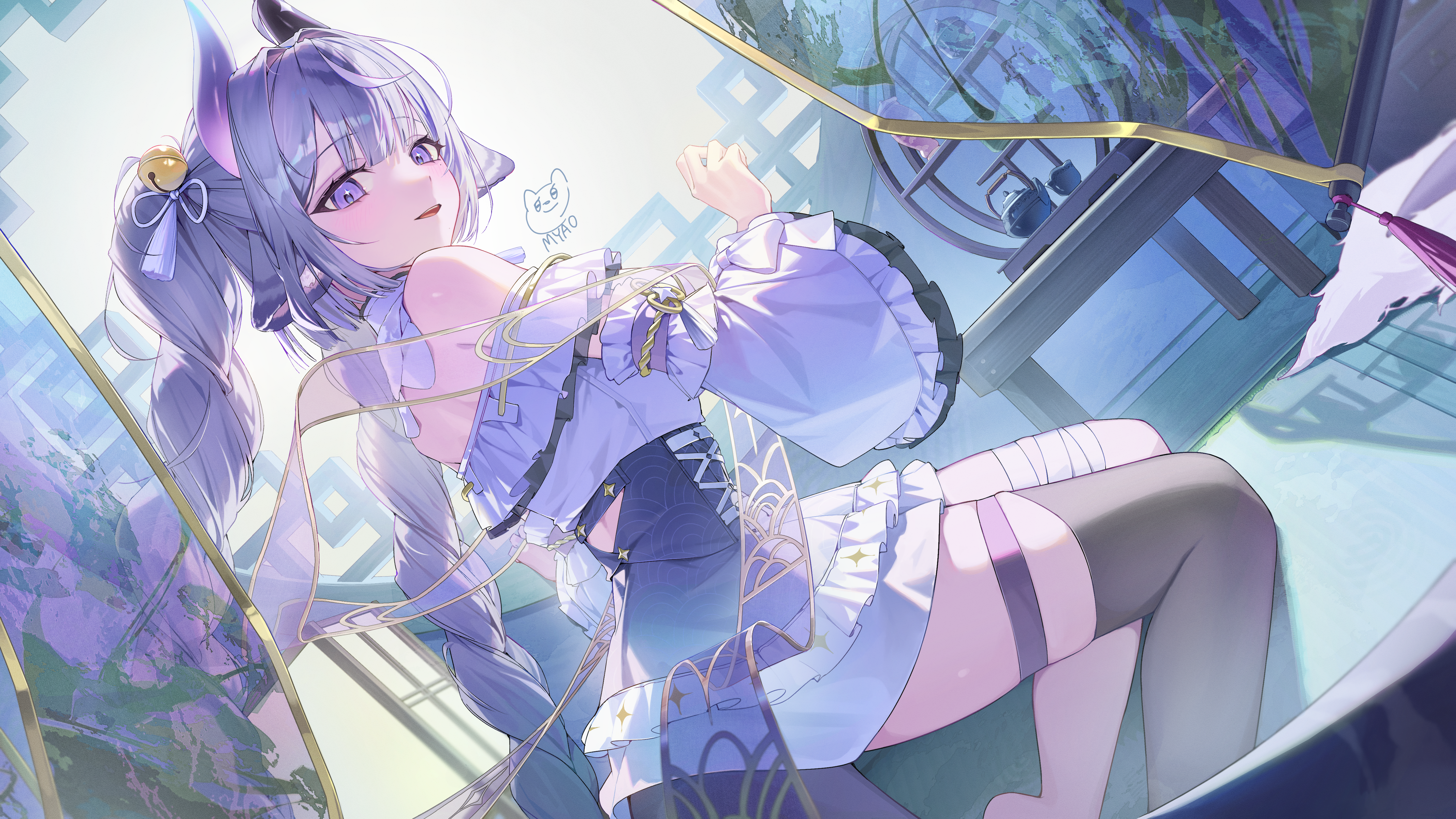 1girl absurdres amamiya_luka animal_ear_fluff animal_ears artist_name bare_shoulders bell blunt_bangs blush braid cup detached_sleeves dress frills hair_bell hair_ornament highres horns indie_virtual_youtuber long_hair looking_at_viewer myao_(myaodayone) open_mouth purple_eyes purple_hair single_thighhigh sitting skirt solo table tail teacup teapot thigh_strap thighhighs twin_braids vase very_long_hair virtual_youtuber wide_sleeves