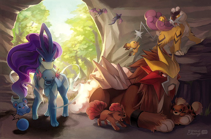 azurill cave closed_mouth entei finni_chang game_freak gen_1_pokemon gen_2_pokemon gen_3_pokemon gen_5_pokemon growlithe holding holding_pokemon joltik legendary_pokemon lying mouth_hold nintendo no_humans open_mouth pichu pokemon pokemon_(creature) raikou red_eyes shadow suicune tree vulpix yawning zubat