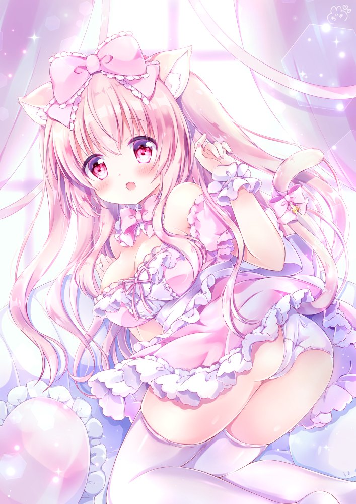 1girl armpits ass breasts cat_day chiika_(cure_cherish) cleavage dress frilled_dress frilled_pillow frilled_skirt frills large_breasts long_hair original panties pillow pink_dress pink_ribbon pink_skirt ribbon shorts skirt tail thighhighs thighs tia_(chiika_cure_cherish) underwear yume_kawaii
