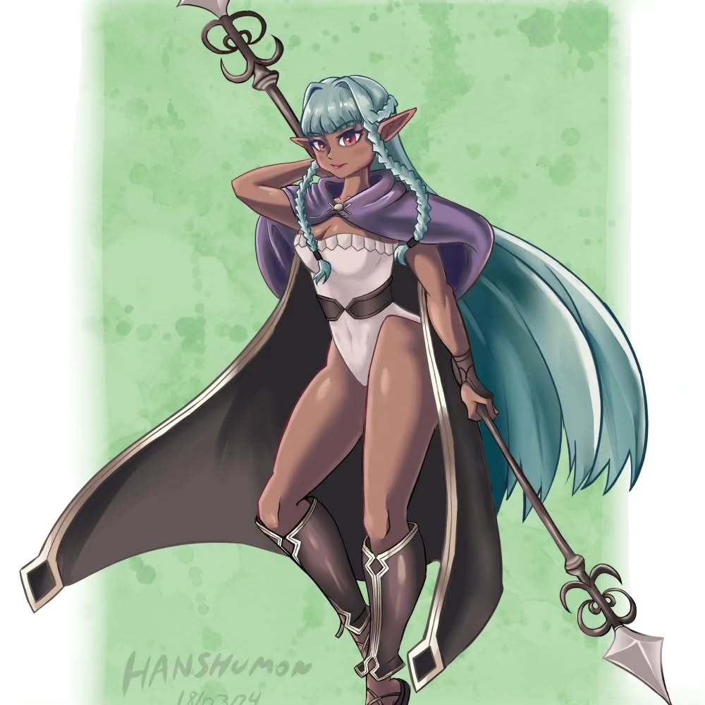 1girl breasts cape cleavage dark-skinned_female dark_skin elf green_hair hanshumon_art highleg highleg_leotard leotard long_hair pointy_ears purple_eyes rosalinde_(unicorn_overlord) staff unicorn_overlord
