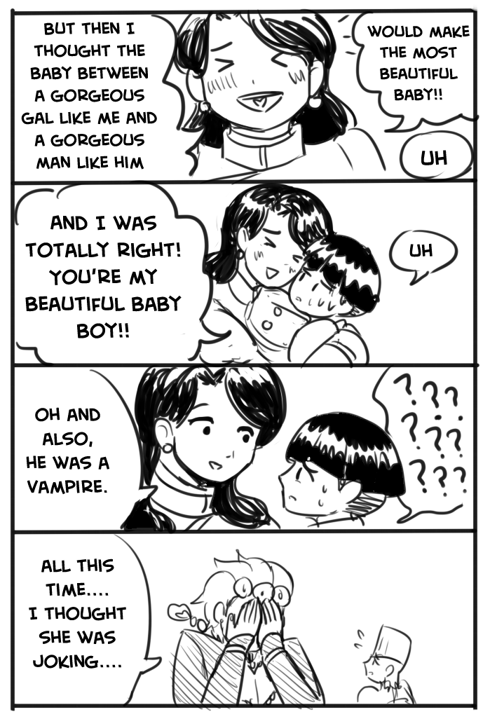 1girl 2boys ??? aged_down blush braid closed_eyes comic covering_face earrings english_text giorno&#039;s_mother giorno_giovanna haruno_shiobana heart-shaped_tongue jean_pierre_polnareff jewelry jojo_no_kimyou_na_bouken long_hair mayoday monochrome mother_and_son multiple_boys short_hair speech_bubble sweatdrop vento_aureo