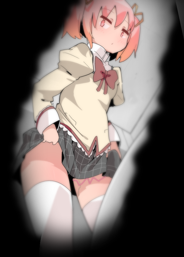 1girl black_skirt blush bow bowtie clothes_lift hair_between_eyes hair_ribbon itagaki_super_dx juliet_sleeves kaname_madoka long_sleeves mahou_shoujo_madoka_magica mahou_shoujo_madoka_magica_(anime) mitakihara_school_uniform no_panties pink_eyes pink_hair plaid_clothes plaid_skirt puffy_sleeves pussy_juice red_bow ribbon school_uniform sex_toy shirt short_hair skirt skirt_lift solo thighhighs twintails vibrator vibrator_cord vibrator_under_clothes wide-eyed yellow_ribbon yellow_shirt