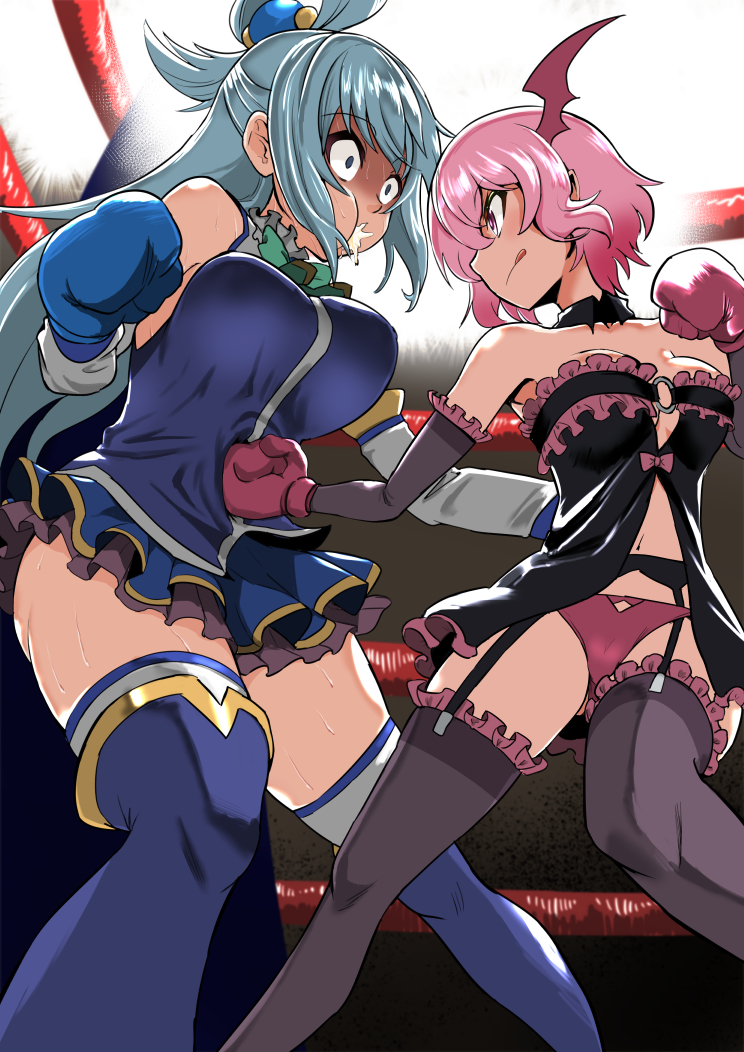 aqua_(konosuba) blue_hair boxing boxing_gloves breasts candorange detached_sleeves frilled_thighhighs frills from_below garter_belt garter_straps head_wings knockout kono_subarashii_sekai_ni_shukufuku_wo! large_breasts lingerie long_hair medium_breasts o-ring panties pink_hair pink_panties punching shinjin_succubus_(konosuba) short_hair stomach_punch thighhighs thighs tongue tongue_out underwear wings
