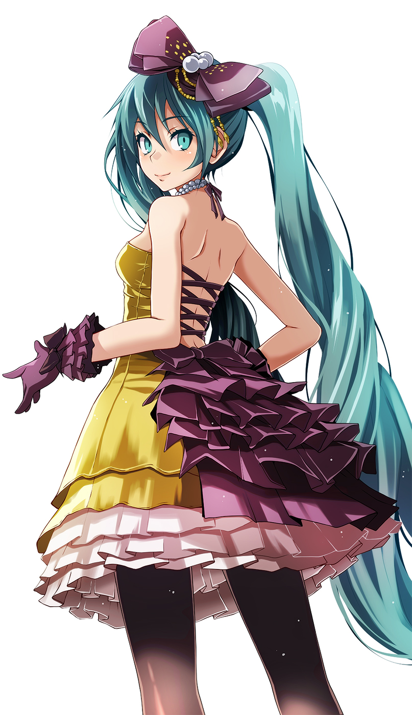 1girl aqua_eyes black_pantyhose blue_hair bow closed_mouth dress from_behind gloves hair_between_eyes hair_bow hatsune_miku hatsune_miku_(siren) highres kochira_koufuku_anshin_iinkai_desu_(vocaloid) layered_dress long_hair looking_at_viewer looking_back pantyhose project_diva_(series) purple_bow purple_gloves short_dress shoulder_blades simple_background sleeveless sleeveless_dress smile solo standing tsukishiro_saika twintails very_long_hair vocaloid white_background yellow_dress