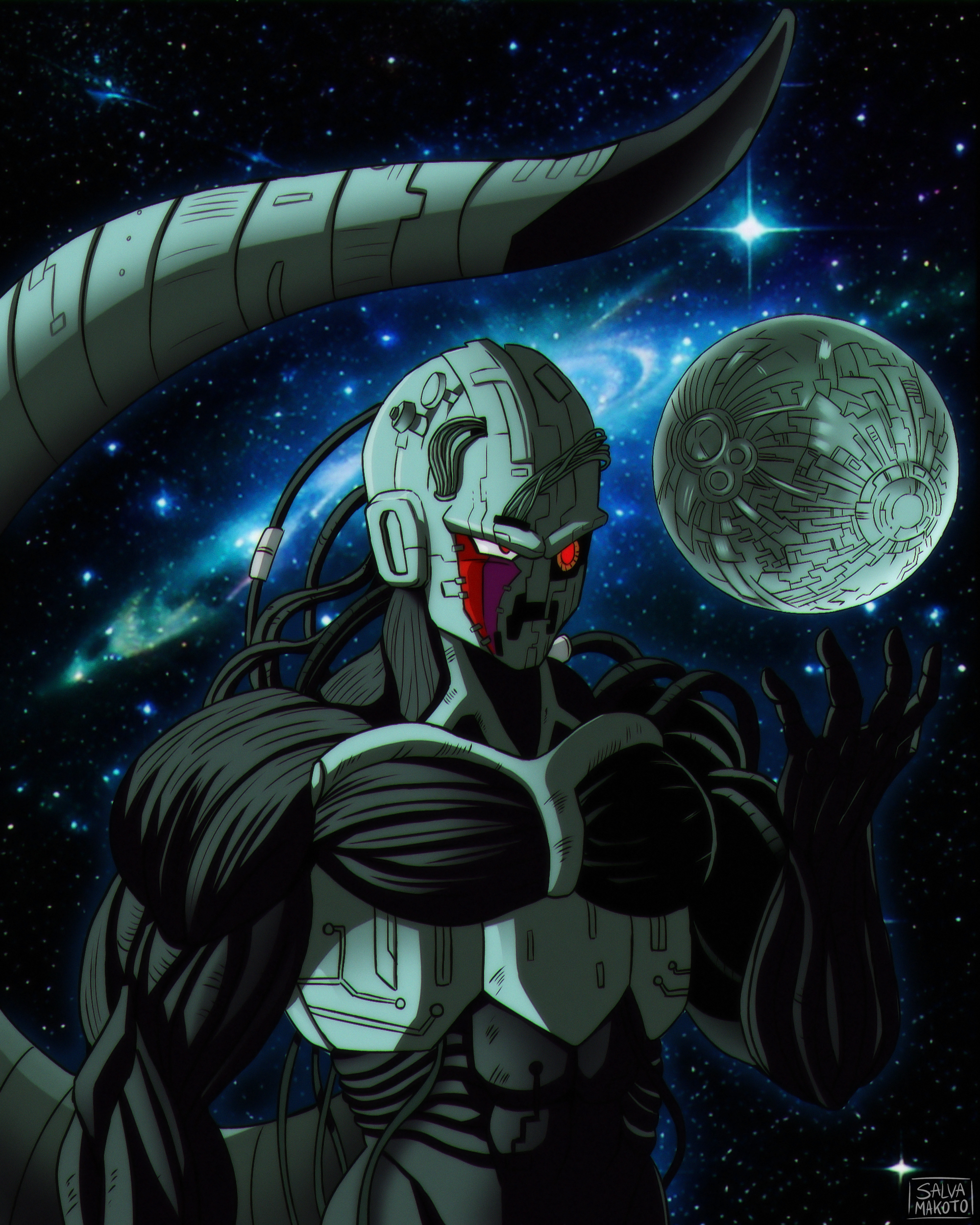1boy absurdres big_gete_star cable commentary_request commission cooler_(dragon_ball) cyborg dragon_ball dragonball_z galaxy highres male_focus meta-cooler muscular muscular_male salvamakoto signature solo space spanish_commentary tail upper_body