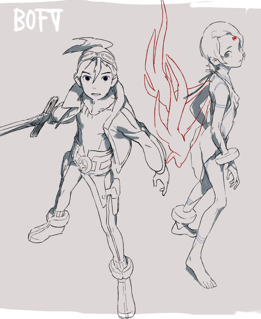 1boy 1girl barefoot breath_of_fire breath_of_fire_v copyright_name dress facial_mark forehead_mark full_body goggles goggles_on_head hair_between_eyes holding holding_sword holding_weapon jacket long_sleeves looking_at_viewer mitosa nina_(breath_of_fire_v) parted_lips ponytail ryu_(breath_of_fire_v) short_hair sketch spot_color sword weapon wings