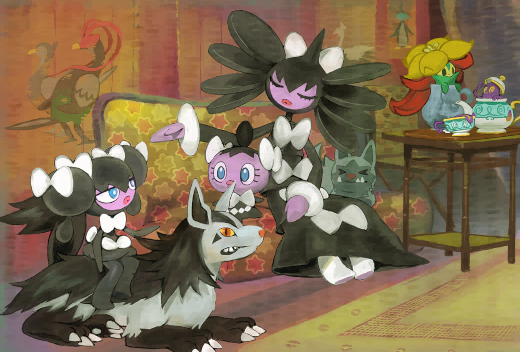 &gt;_&lt; aqua_eyes artist_request bombirdier bright_pupils claws closed_eyes colored_sclera commentary couch cup eiscue eiscue_(noice) english_commentary evolutionary_line eyelashes gen_3_pokemon gen_5_pokemon gen_8_pokemon gossifleur gothita gothitelle gothorita indoors jitome lips mightyena nintendo official_art on_couch pokemon pokemon_(creature) pokemon_focus pokemon_legends:_z-a polteageist poochyena red_eyes sharp_teeth sinistea sitting slit_pupils table teacup teapot teeth third-party_source unfezant unfezant_(female) unfezant_(male) vase white_pupils yellow_sclera