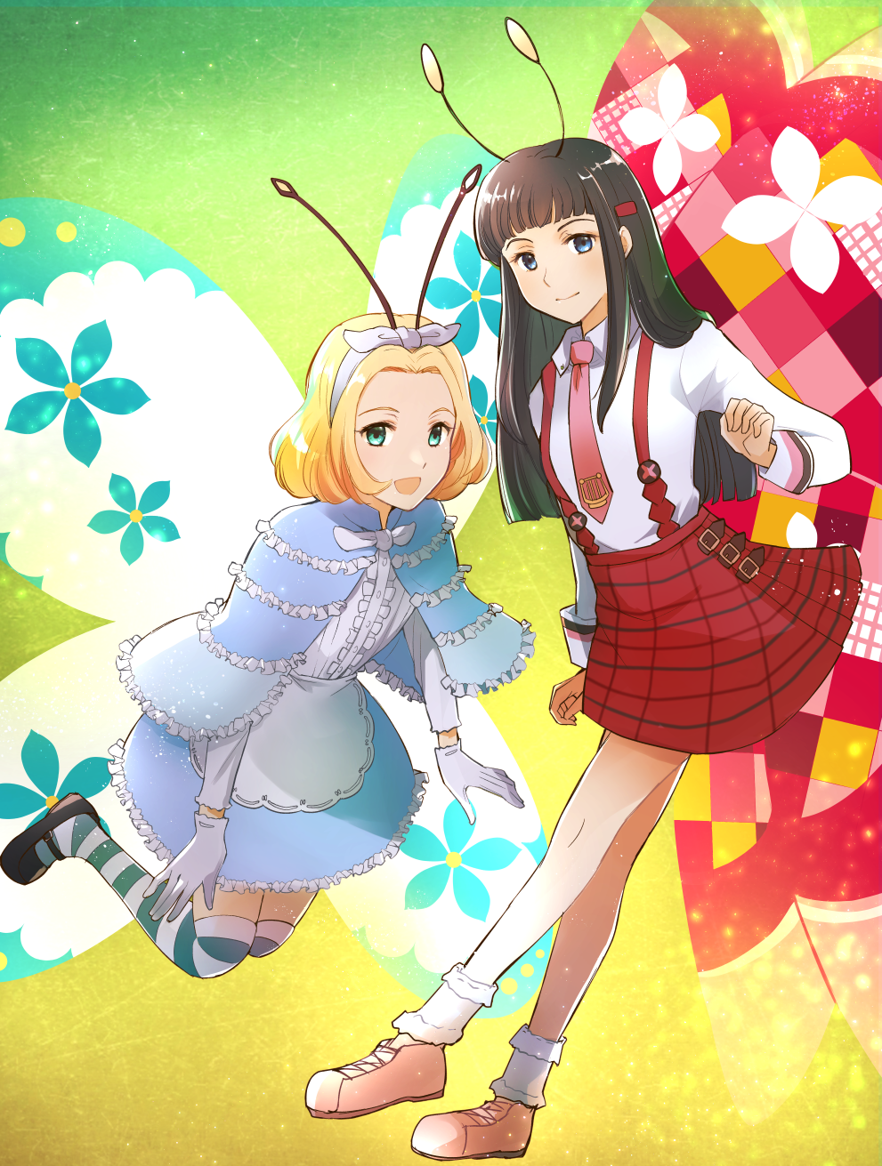 2girls antennae black_hair black_shoes blonde_hair blue_capelet blue_eyes blue_skirt bobby_socks butterfly_wings capelet center_frills classicaloid closed_mouth commentary_request frilled_skirt frills green_background green_eyes hair_ornament hairband hairclip highres insect_wings kusano_gurima long_hair long_sleeves multiple_girls necktie open_mouth pink_necktie pink_shoes pyotr_illyich_tchaikovsky_(classicaloid) red_suspenders shirt shoes short_hair skirt socks striped_clothes striped_thighhighs tekla_badarzewska-baranowska_(classicaloid) thighhighs white_hairband white_shirt wings