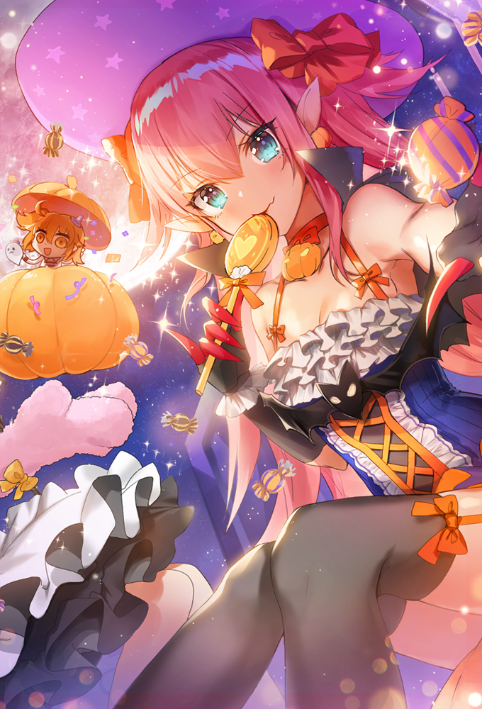 2girls alternate_costume apple_caramel bare_shoulders black_gloves black_legwear blue_eyes bow breasts candy chibi cleavage elbow_gloves elizabeth_bathory_(fate) elizabeth_bathory_(halloween_caster)_(fate) fate/grand_order fate_(series) food frills garter_straps ghost gloves hair_bow lollipop long_hair multiple_girls orange_bow orange_eyes orange_hair pink_hair pointy_ears pumpkin red_gloves small_breasts smile thighhighs two-tone_gloves wrapped_candy