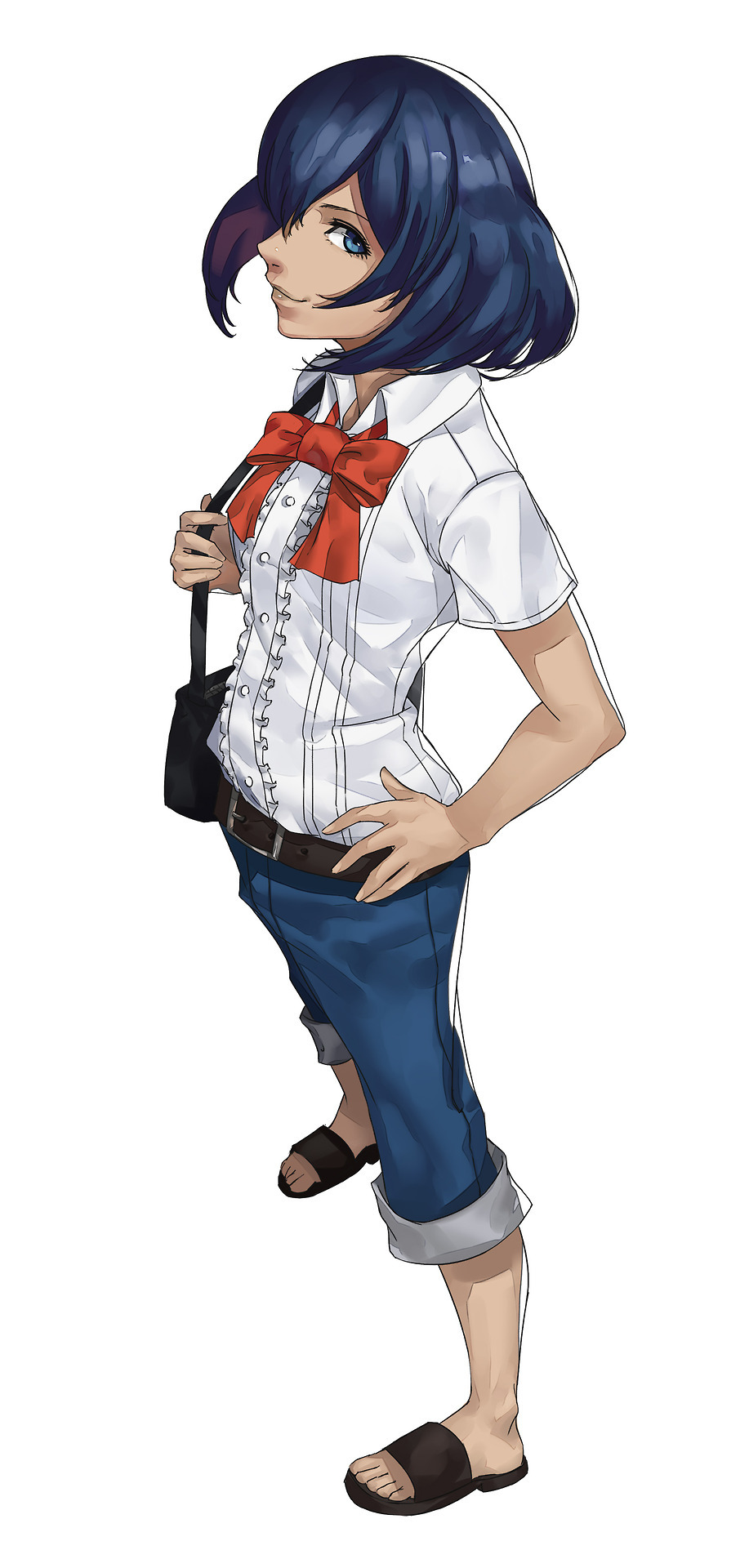 1girl alternate_costume bag blazpu blue_eyes collared_shirt dark-skinned_female dark_skin full_body hand_on_own_hip handbag highres looking_at_viewer nintendo pokemon pokemon_xy sandals shirt short_hair simple_background sina_(pokemon) solo standing white_background