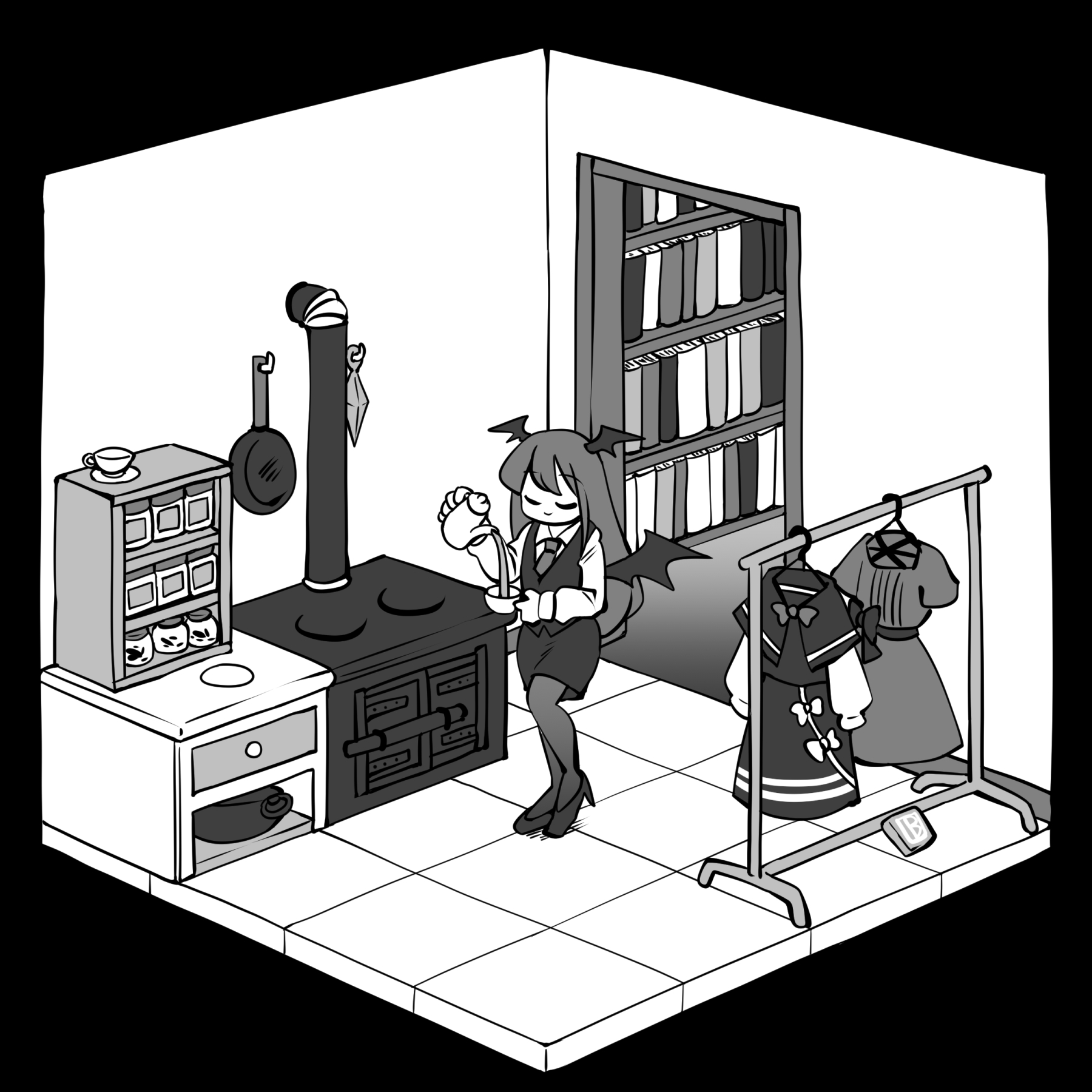 1girl bat_wings book bookshelf closed_eyes closed_mouth clothes_hanger collared_shirt commentary_request cooking_pot cup demon_girl drawer dress frying_pan full_body greyscale head_wings high_heels highres holding holding_cup holding_teapot imijikumo36 indoors isometric koakuma long_hair long_sleeves monochrome necktie oven pantyhose pouring shelf shirt shoes skirt skirt_set smile solo storage_pot stove tea teacup teapot tile_floor tiles touhou unworn_capelet unworn_dress unworn_shirt unworn_skirt vest wings
