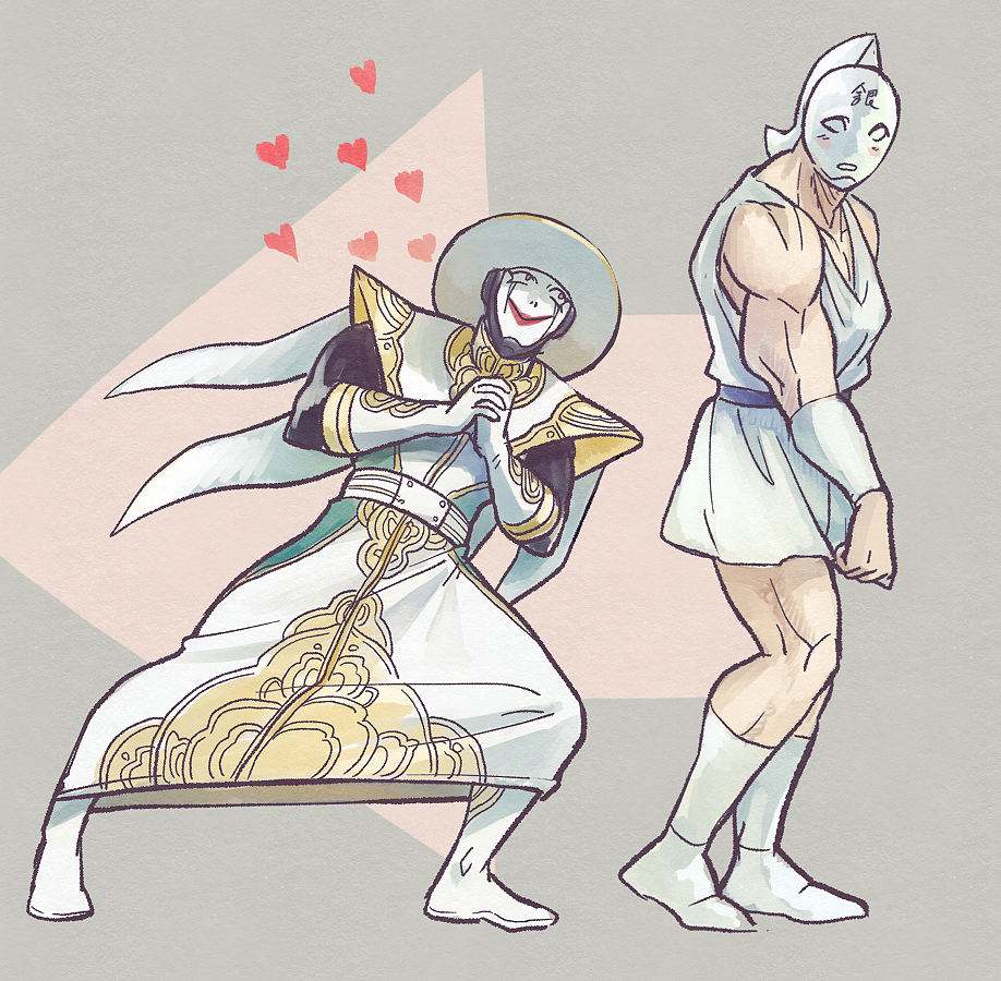 :&gt; artist_request biceps embarrassed full_body gloves grin hat heart kinnikuman looking_at_another muscular psychoman silverman simple_background smile white_background wrestling wrestling_outfit
