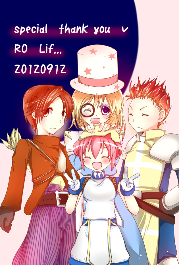 2boys 2girls :d arch_bishop_(ragnarok_online) archer_(ragnarok_online) armor black-framed_eyewear blonde_hair blue_dress blue_shirt brown_gloves brown_hair brown_shirt closed_eyes closed_mouth commentary_request cowboy_shot cross cross_print crusader_(ragnarok_online) dated double_bun double_v dress eggshell_hat gloves hair_bun hat long_sleeves looking_at_viewer monocle multiple_boys multiple_girls muneate nerine_aki one_eye_closed open_mouth orange_hair pauldrons pink_hair purple_eyes purple_shorts ragnarok_online round_eyewear shirt short_hair shorts shoulder_armor smile spiked_hair star_(symbol) star_print super_novice_(ragnarok_online) tabard top_hat v white_gloves white_hat white_shirt white_shorts white_tabard