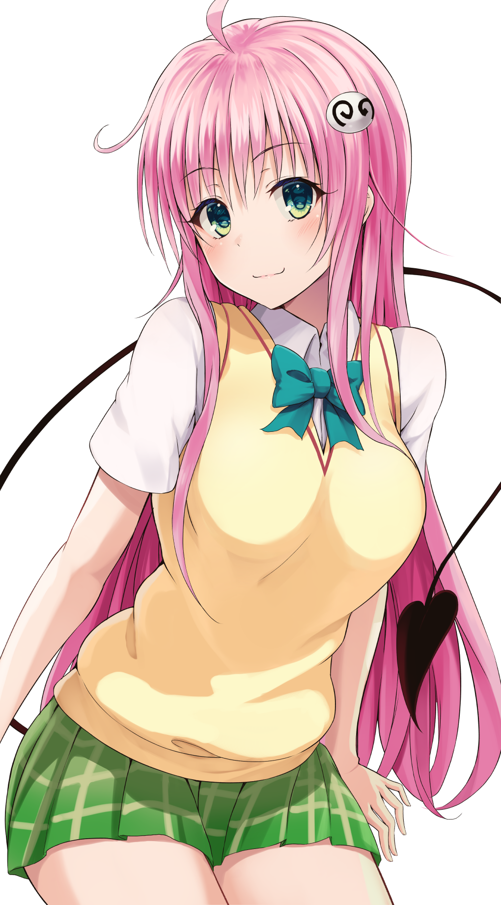 1girl ahoge aqua_bow aqua_bowtie bow bowtie breasts closed_mouth demon_girl demon_tail green_eyes green_skirt highres k3rd lala_satalin_deviluke large_breasts long_hair looking_at_viewer pink_hair plaid_clothes plaid_skirt pleated_skirt sainan_high_school_uniform school_uniform shirt simple_background skirt solo sweater_vest tail to_love-ru white_background white_shirt yellow_sweater_vest