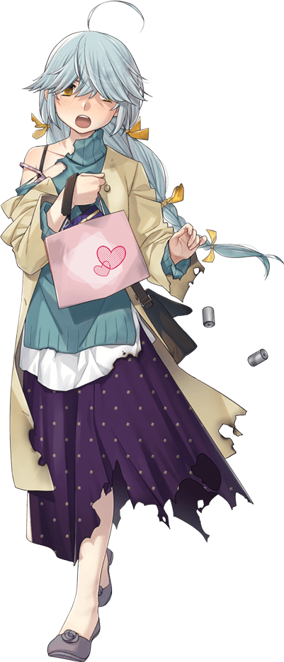 1girl ahoge bag beige_coat blush braid coat dress fujikawa full_body gift_bag grey_footwear grey_hair hair_over_eyes hamanami_(kancolle) hamanami_(valentine)_(kancolle) high_heels holding holding_bag kantai_collection long_hair long_sleeves official_art open_mouth purple_dress shoulder_bag single_braid solo star_(symbol) star_print torn_clothes torn_coat torn_dress transparent_background valentine yellow_eyes