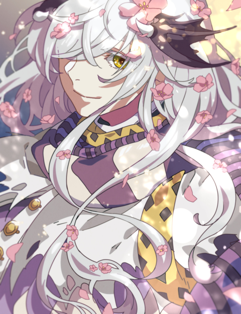 1boy bishounen black_scarf brown_scarf brown_wings closed_mouth commentary demon_wings flower grey_hair hair_between_eyes hair_flower hair_ornament hair_over_one_eye head_wings long_hair looking_at_viewer male_focus minstrel_(ragnarok_online) multiple_scarves pink_flower purple_scarf ragnarok_online scarf smile solo striped_clothes striped_scarf symbol-only_commentary tokio_(okt0w0) upper_body white_scarf wings yellow_eyes yellow_scarf