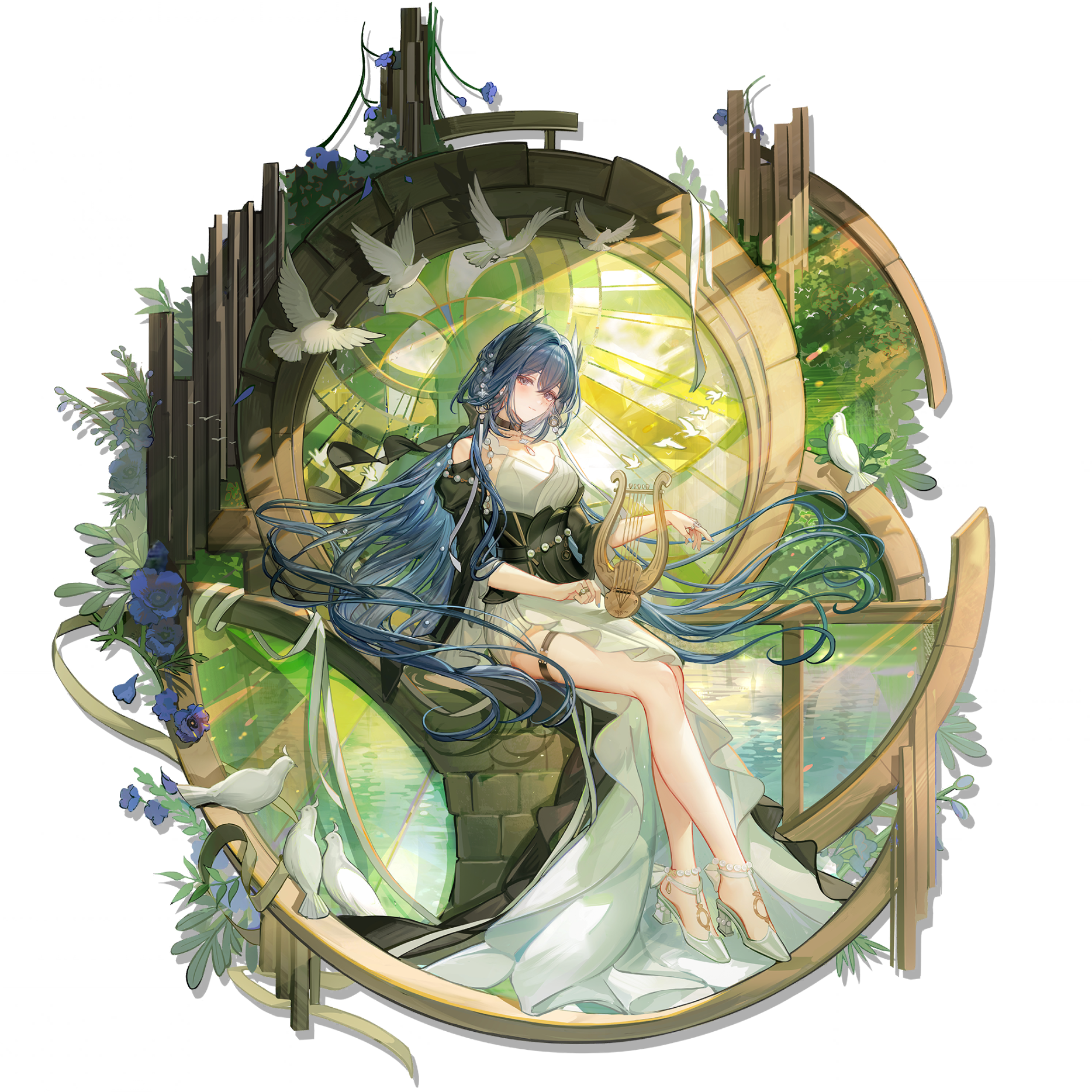 1girl arknights asymmetrical_dress bare_legs bead_necklace beads bird bird_girl black_choker black_sleeves blue_hair blue_nails blush cantabile_(arknights) cantabile_(bard_by_the_lake)_(arknights) choker corset detached_sleeves dove dress earrings feather_hair floating_hair flower full_body hair_between_eyes hair_intakes high_heels highres holding holding_instrument holding_lyre instrument jewelry lake light_smile long_hair looking_at_viewer lyre multiple_rings nail_polish necklace o-ring o-ring_choker o-ring_thigh_strap official_alternate_costume official_art pearl_anklet pearl_hair_ornament pearl_ring plant purple_flower ring side_slit sitting solo stained_glass thigh_strap transparent_background wenquangua white_dress