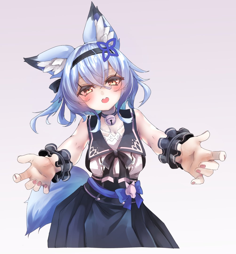 1girl animal_ear_fluff animal_ears bare_shoulders bell black_choker black_hairband black_sailor_collar black_skirt blue_bow blue_hair blue_ribbon blush bow breasts brown_eyes choker collar collarbone dress fox_ears fox_girl fox_tail hair_between_eyes hair_ornament hairband incoming_hug jingle_bell looking_at_viewer medium_breasts medium_hair neck_bell open_mouth outstretched_arms pink_nails reaching reaching_towards_viewer ribbon sailor_collar shirt short_hair simple_background six_box skirt sleeveless sleeveless_dress sleeveless_shirt solo tail teeth upper_teeth_only vrchat wrist_cuffs yellow_eyes yuuko-zoku_no_onee-chan