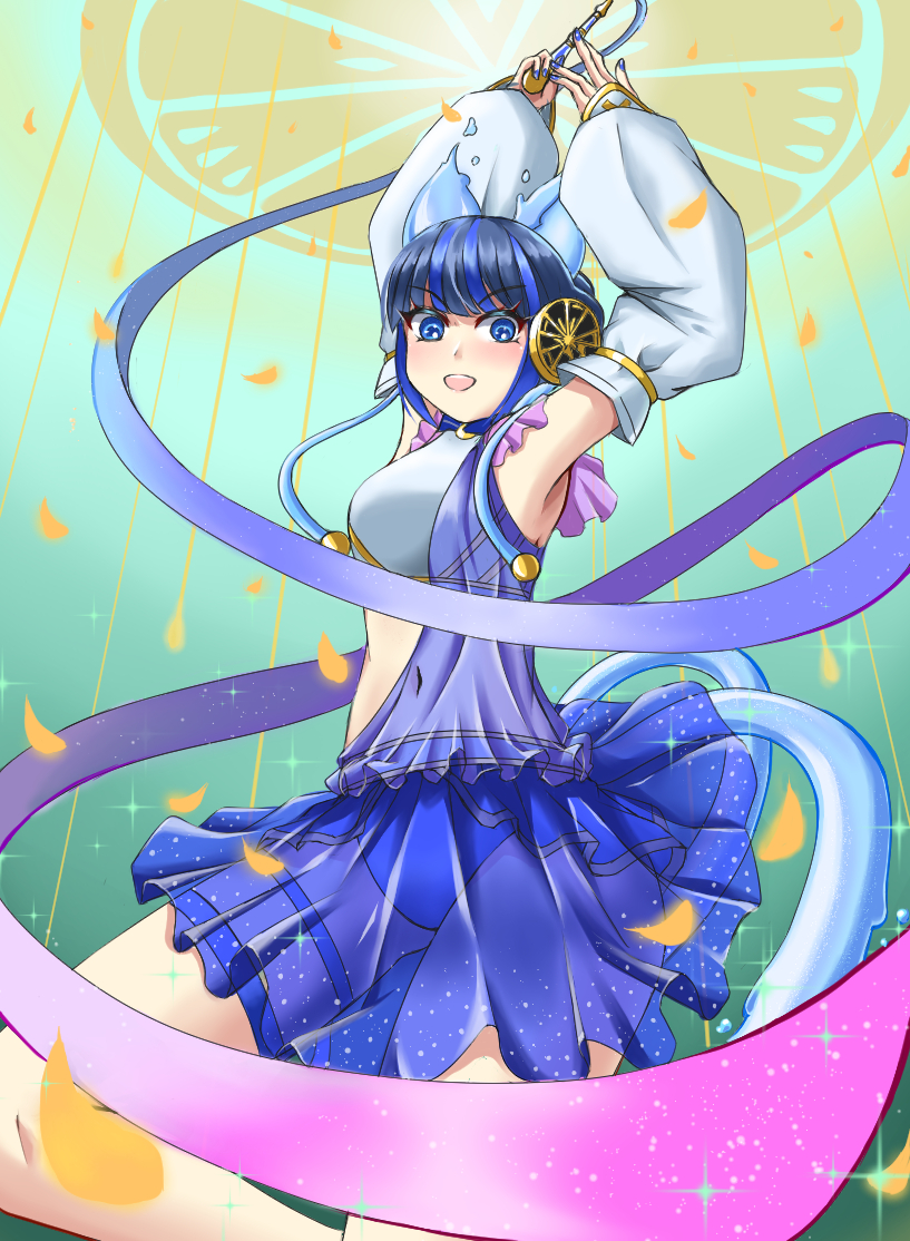 1girl animal_ears armpits ballerina blue_eyes blue_hair blue_nails blush braid breasts burigan_daikon cane cat_ears cat_girl cat_tail covered_navel detached_sleeves duel_monster falling_petals food-themed_hair_ornament hair_ornament holding holding_cane mandarin_orange_slice medium_breasts midriff miniskirt nail_polish ni-ni_the_mirror_mikanko nontraditional_miko petals short_hair skirt solo tail thigh_strap white_sleeves yu-gi-oh!