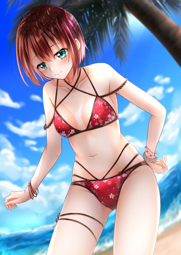 1girl beach bikini bracelet cosplay cowboy_shot criss-cross_halter dengeki_g&#039;s green_eyes halterneck in-franchise_crossover jewelry kosaka_yukiho kurosawa_dia kurosawa_dia_(cosplay) kurosawa_dia_(dengeki_g&#039;s_poster_swimsuit) love_live! love_live!_school_idol_project love_live!_sunshine!! mini_dang01 multi-strapped_bikini_bottom multi-strapped_bikini_top ocean palm_tree red_bikini swimsuit tree