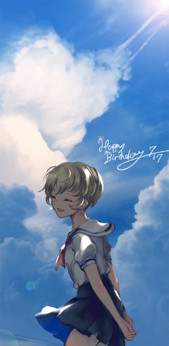 1girl :d aikatsu! aikatsu!_(series) arms_behind_back bad_id bad_twitter_id blonde_hair blue_skirt blue_sky closed_eyes cloud day facing_viewer happy_birthday hattori_yu highres image_sample open_mouth outdoors pleated_skirt sailor_collar school_uniform shiontaso shirt short_hair short_sleeves skirt sky smile solo standing starlight_academy_school_uniform twitter_sample white_shirt wind