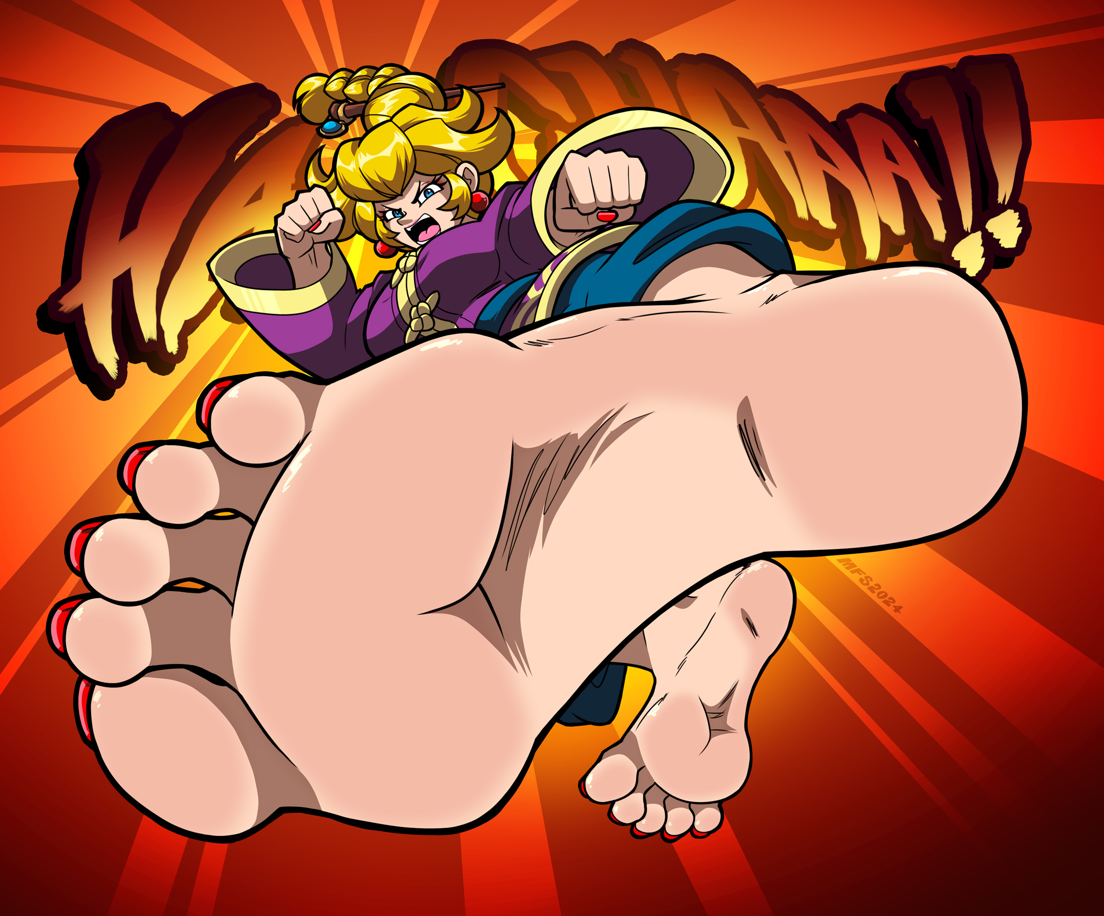1girl barefoot blonde_hair english_text feet foot_focus foreshortening frown hair_ornament kicking kung_fu kung_fu_peach mario_(series) mostlyfunstuff nintendo princess_peach princess_peach:_showtime! shouting simple_background