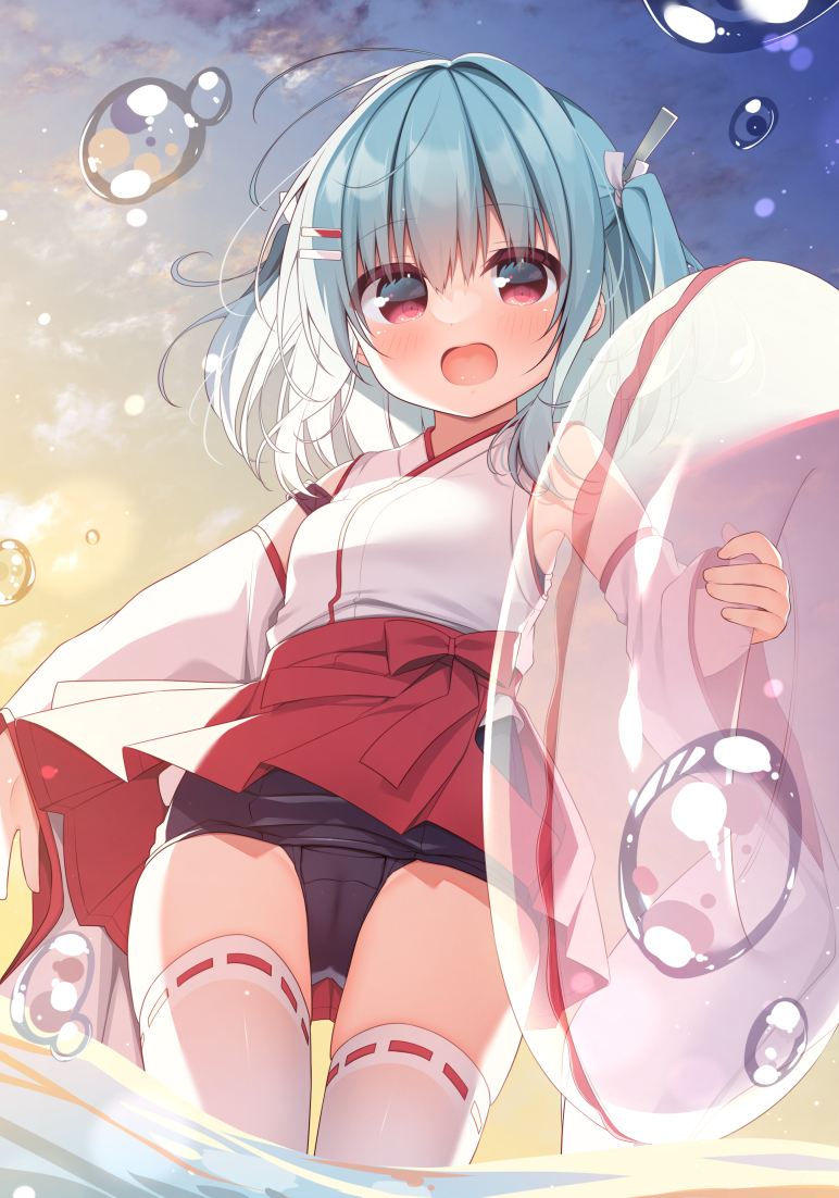 1girl bare_shoulders black_one-piece_swimsuit blue_hair blush breasts cameltoe cloud cloudy_sky commentary_request detached_sleeves hair_between_eyes hair_ornament hairclip hakama hakama_short_skirt hakama_skirt hanamiya_natsuka holding holding_swim_ring innertube japanese_clothes kimono long_sleeves looking_at_viewer old_school_swimsuit one-piece_swimsuit open_mouth original outdoors red_eyes red_hakama ribbon-trimmed_legwear ribbon_trim school_swimsuit skirt sky sleeveless sleeveless_kimono small_breasts solo standing sunset swim_ring swimsuit swimsuit_under_clothes thighhighs transparent two_side_up water water_drop white_kimono white_sleeves white_thighhighs wide_sleeves