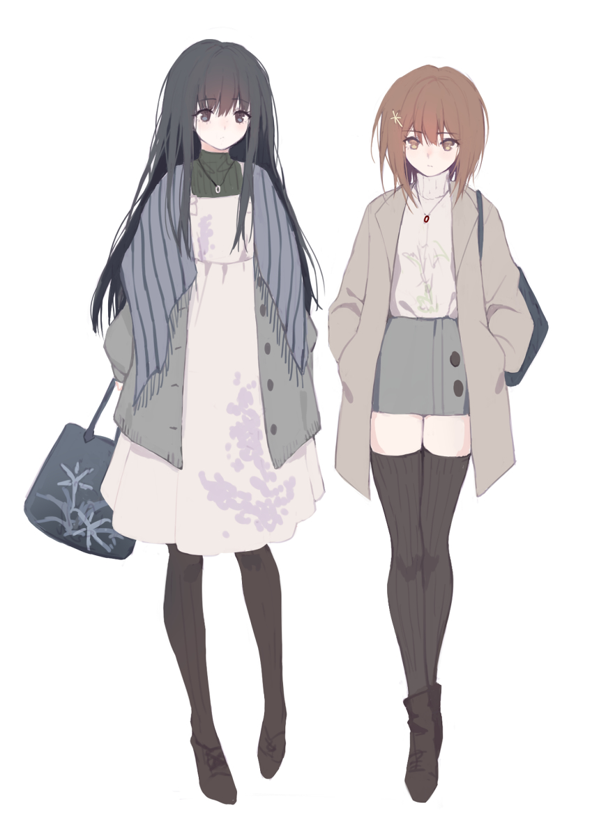 2girls bag black_eyeshadow black_footwear black_hair black_thighhighs blue_bag boots brown_eyes brown_hair cardigan casual closed_mouth coat dress expressionless eyeshadow floral_print floral_print_dress flowers_(innocent_grey) full_body green_shirt grey_cardigan grey_coat grey_skirt hair_between_eyes hand_in_pocket handbag highres jewelry kousaka_mayuri long_hair looking_at_viewer makeup miniskirt multiple_girls necklace o-ring pinafore_dress poncho print_dress shirahane_suou shirt short_hair shoulder_bag simple_background skirt sleeveless sleeveless_dress standing straight_hair striped_clothes striped_thighhighs thighhighs turtleneck turtleneck_shirt walking weisuoxin white_background white_dress white_shirt