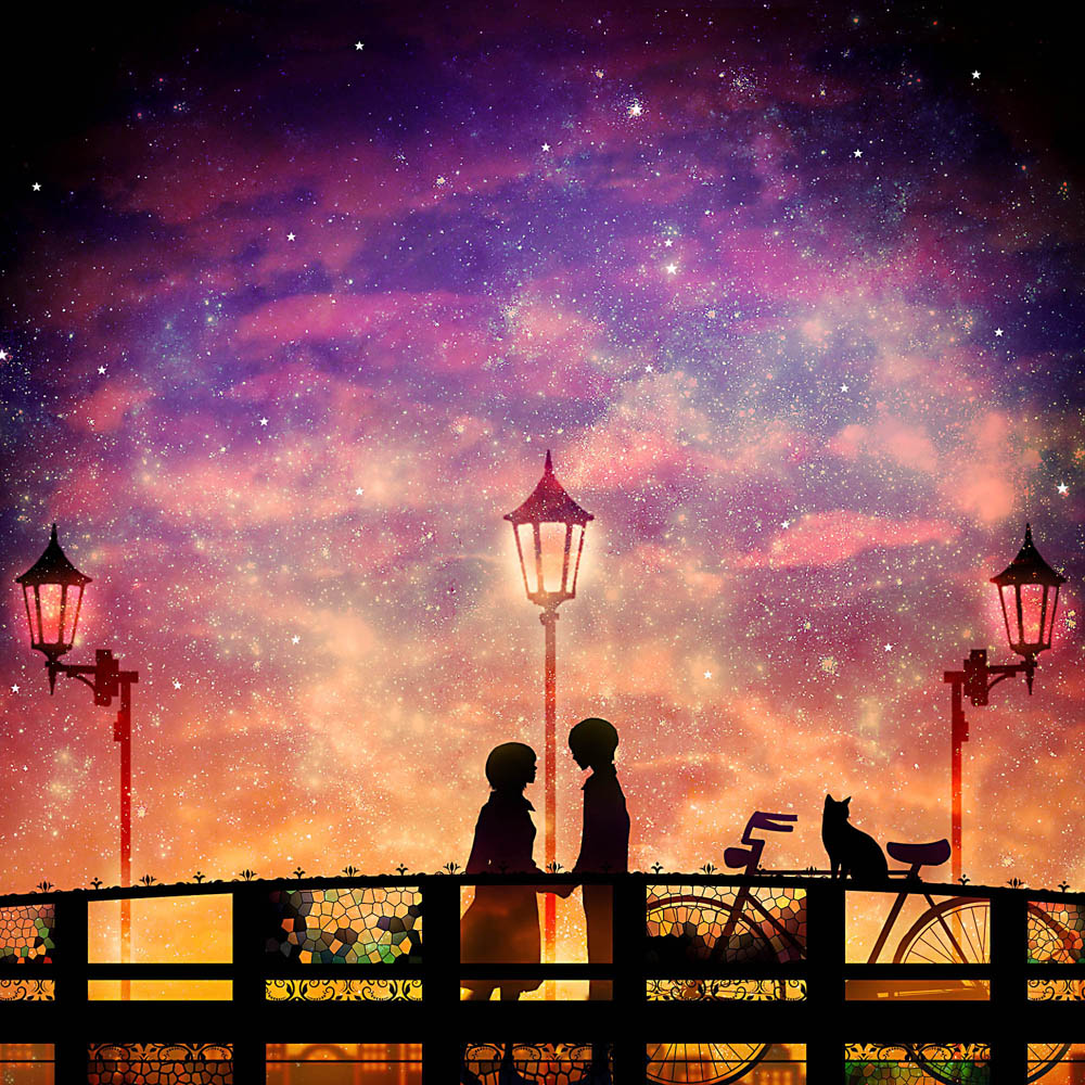 1990s_(style) 1boy 1girl amasawa_seiji bad_id bad_pixiv_id bicycle bridge cat couple dark full_body galaxy harada_miyuki hetero holding_hands lamp lamppost milky_way mimi_wo_sumaseba night night_sky retro_artstyle scenery silhouette sky stained_glass standing star_(sky) starry_sky studio_ghibli tsukishima_shizuku wide_shot