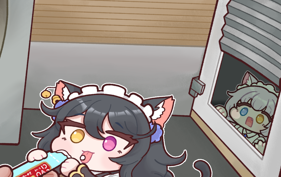 2girls :3 :p animal_ear_fluff animal_ears black_hair blue_eyes bulga cat_ears cat_tail caught ciao_churu eating feeding food grey_hair heterochromia last_origin maid_headdress multiple_girls open_mouth perrault_(last_origin) pet_food poi_(last_origin) purple_eyes surprised tail tongue tongue_out yellow_eyes