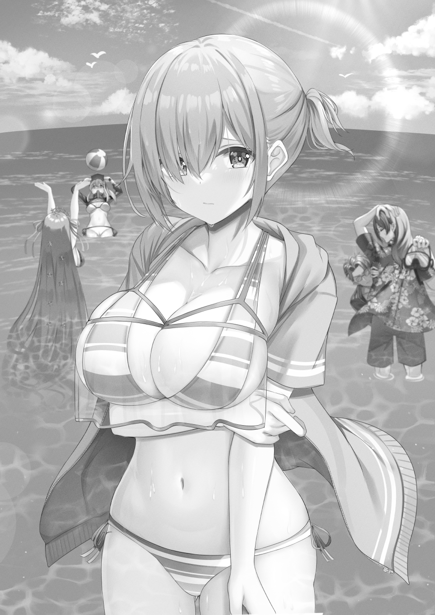 2boys 3girls arms_up artoria_pendragon_(fate) ball bb_(fate) bb_(swimsuit_mooncancer)_(fate) beachball bikini black_shirt blonde_hair breasts character_request closed_mouth cloud collarbone commentary_request day fate/grand_order fate_(series) floral_print hair_ornament hair_over_one_eye highres horizon jacket kanikou lancelot_(fate/grand_order) large_breasts long_hair looking_at_viewer mash_kyrielight mash_kyrielight_(swimsuit_of_perpetual_summer_ver.02) monochrome multiple_boys multiple_girls mysterious_heroine_x_(fate) mysterious_heroine_xx_(fate) navel ocean official_alternate_costume open_clothes open_jacket outdoors print_shirt shirt short_hair side-tie_bikini_bottom sky solo_focus standing star_(symbol) star_hair_ornament striped_bikini striped_clothes sunglasses sunlight swimsuit tristan_(fate) very_long_hair wet wet_hair white_bikini