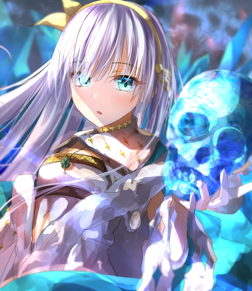 1girl anastasia_(fate) blue_cloak blue_eyes blurry blurry_background cloak commentary crystal_skull depth_of_field dress english_commentary fate/grand_order fate_(series) hair_over_one_eye hand_up highres holding holding_skull long_hair looking_at_viewer parted_lips royal_robe sakazakinchan silver_hair skull solo upper_body very_long_hair white_dress